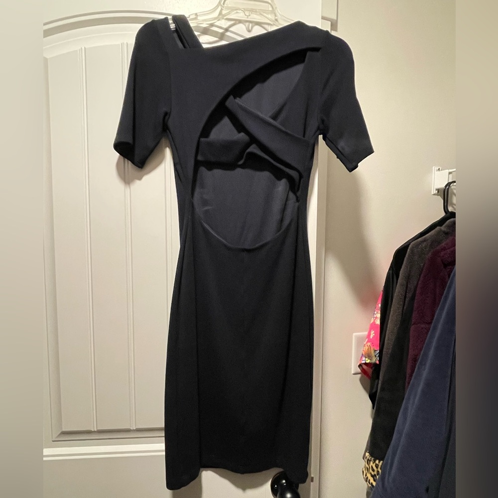 Gorgeous navy Bailey 44 open asymmetrical back cocktail dress! Size small SNUG